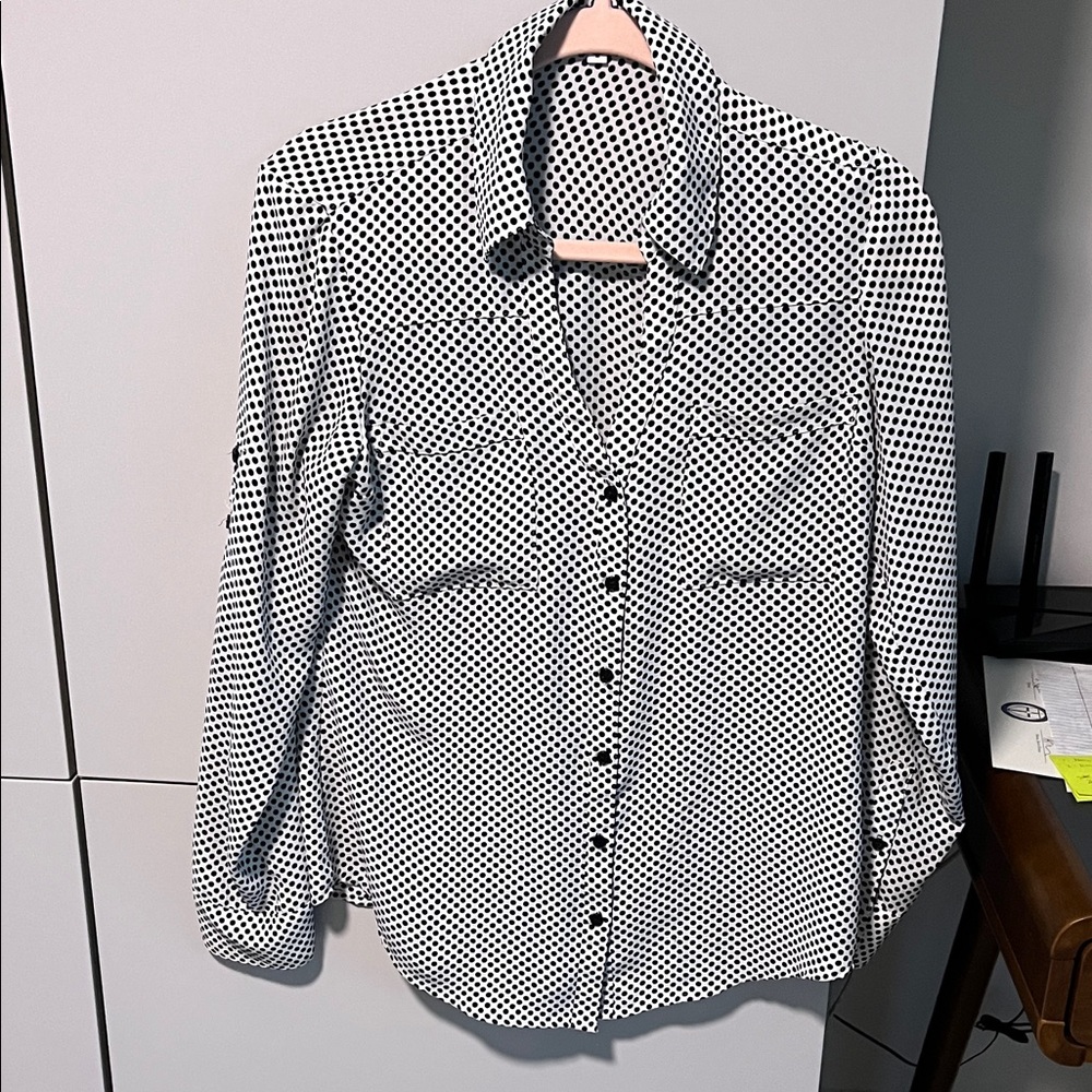 Express Men's Black and White Polka Dot Button-Down Shirt